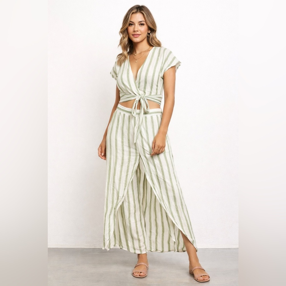 NWT Happy Nature Green Stripe Linen Blend Wrap Skirt and Top Set